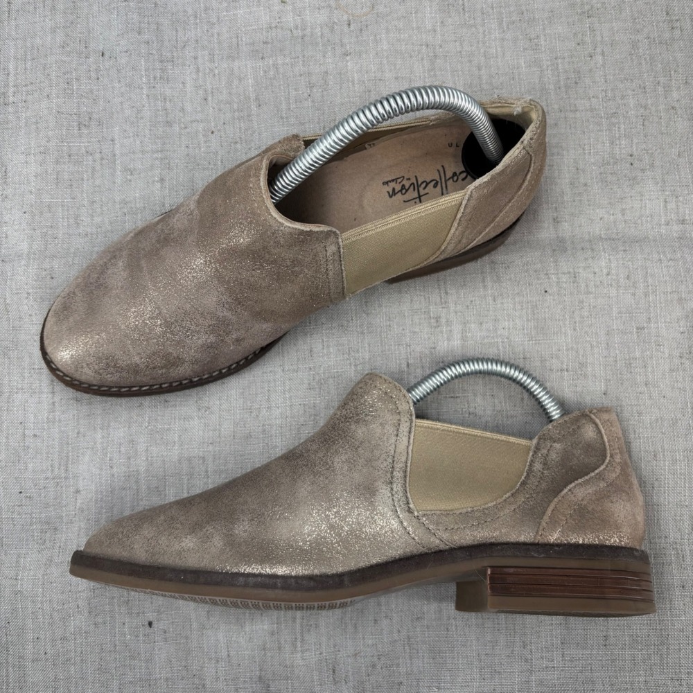 Clarks Camzin Boots Gold Metallic Suede Slip On Ankle Chelsea Boots Size 8 WIDE‎